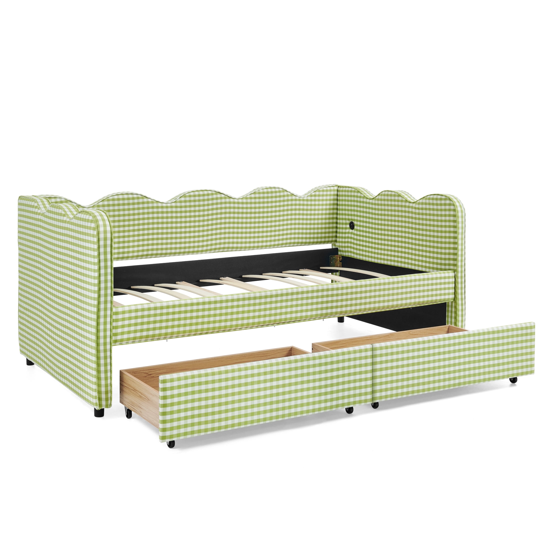 Noble House Corlan Twin Size Waved Daybed, Cozy Gingham Linen Sofa Bed with Storage Drawers and Charging Port, Green