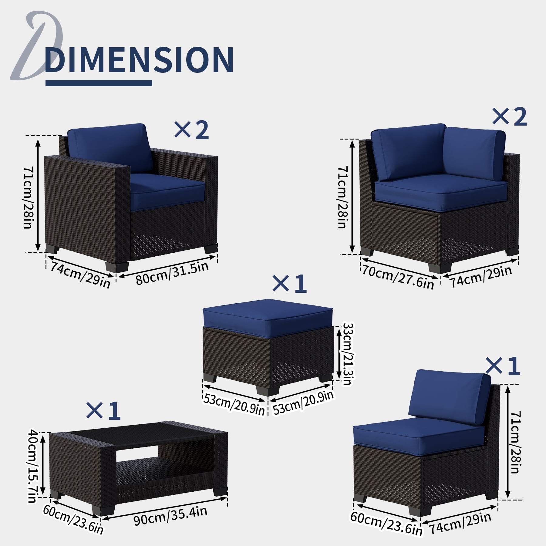 7-Piece Outdoor Sectional Patio Furniture Set, All-Weather Wicker Rattan Sofa with Thick Washable Cushions & Tempered Glass Table, Perfect for Garden, Poolside, Backyard (Navy blue)