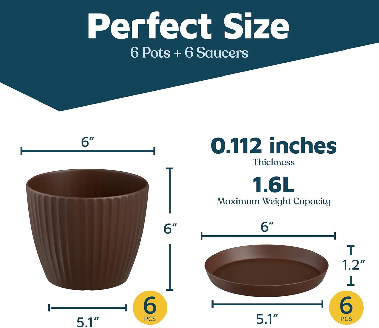 Brown 6-Inch Plant Pots with Drainage & Saucers 6 Pack, Indoor & Outdoor Planters for Houseplants, Herbs, and Flowers, Durable & Weatherproof Material, Stackable, Lightweight, Minimalist Design