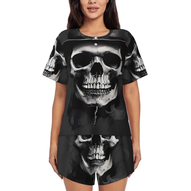 Balery Black White Hat Skull Conjunto de Pijama para Mujer con Estampado, Dos Piezas de Manga Corta y Shorts, Ropa de Dormir Suave con Cuello Redondo y Bolsillos-Small