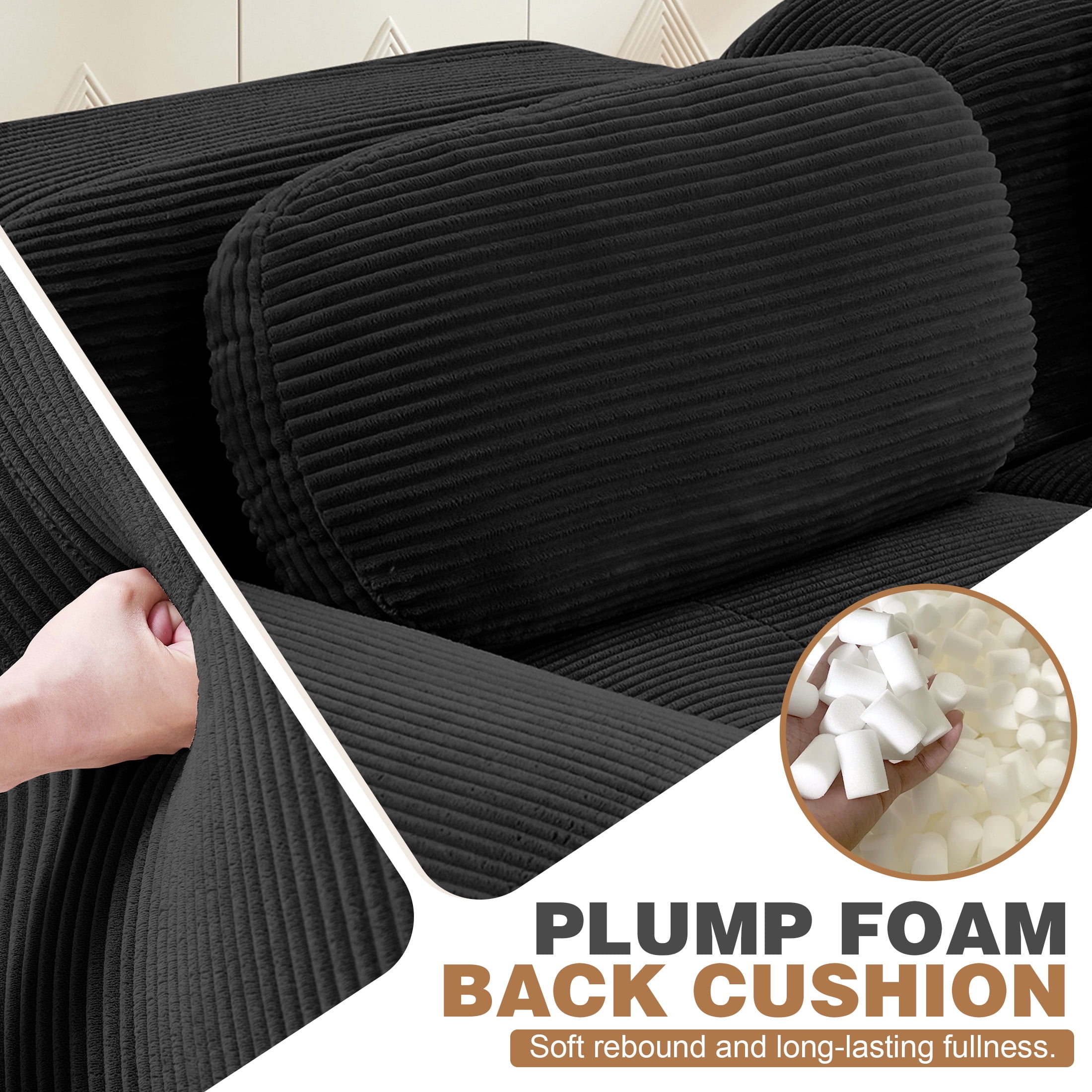 Aukfa 118" L-Shaped Modular Sofa, Oversized 3-Seater w/ Deep Seat, Ottoman, Corduroy, No Assembly, Black