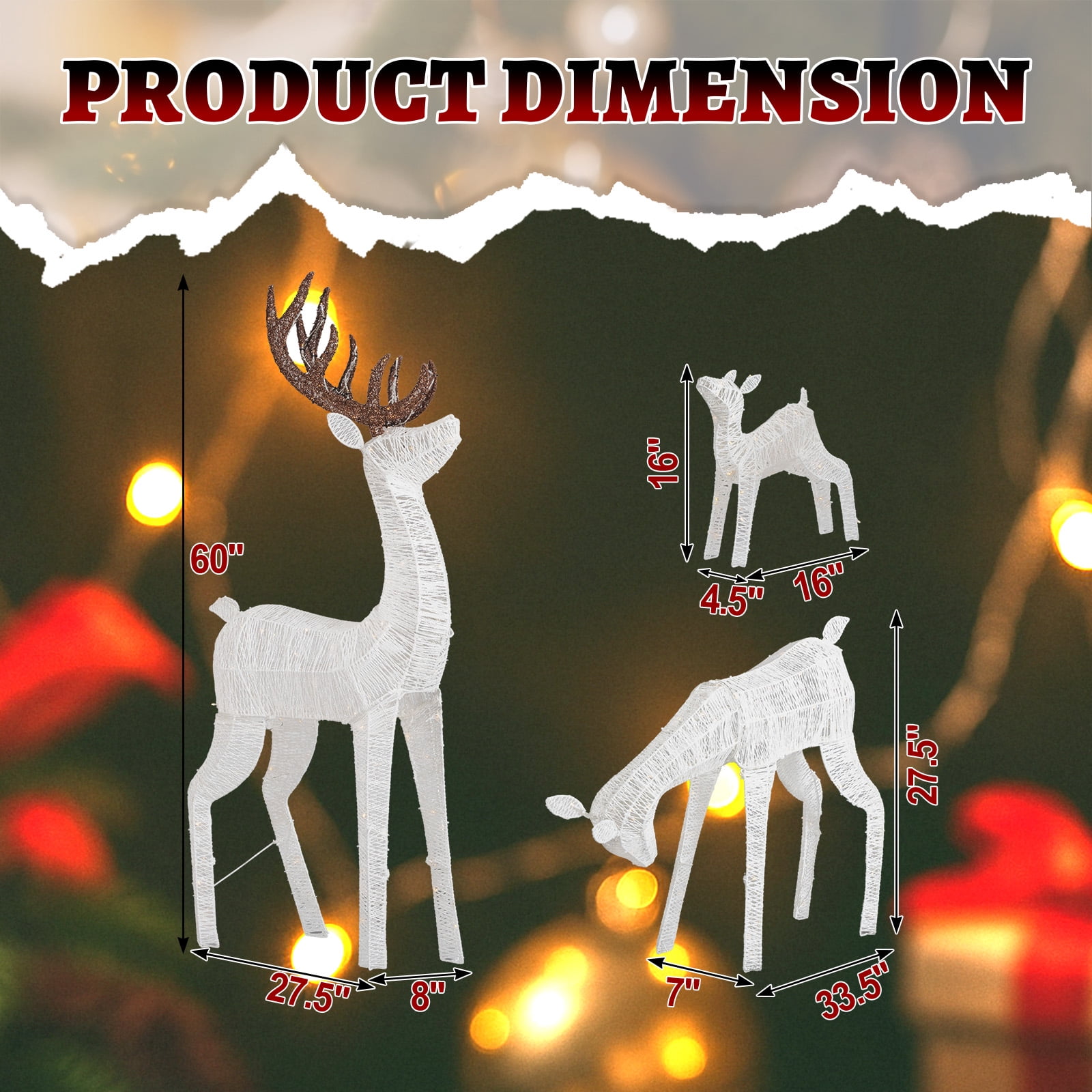 Astoutdoor 3-Piece Lighted Christmas Reindeer Family Set, Pre-Lit 280 LED Warm White Lights, White, Indoor Outdoor Holiday Decoration