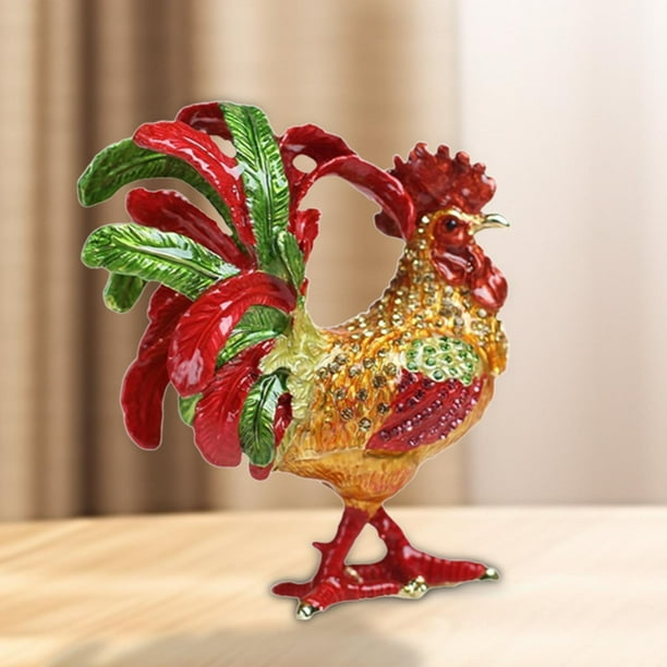 Caja de baratijas con bisagras en forma de gallo, organizador de joyas, figura de animal para coleccionar, guardar collares, decoración de escritorio Rojo Verde
