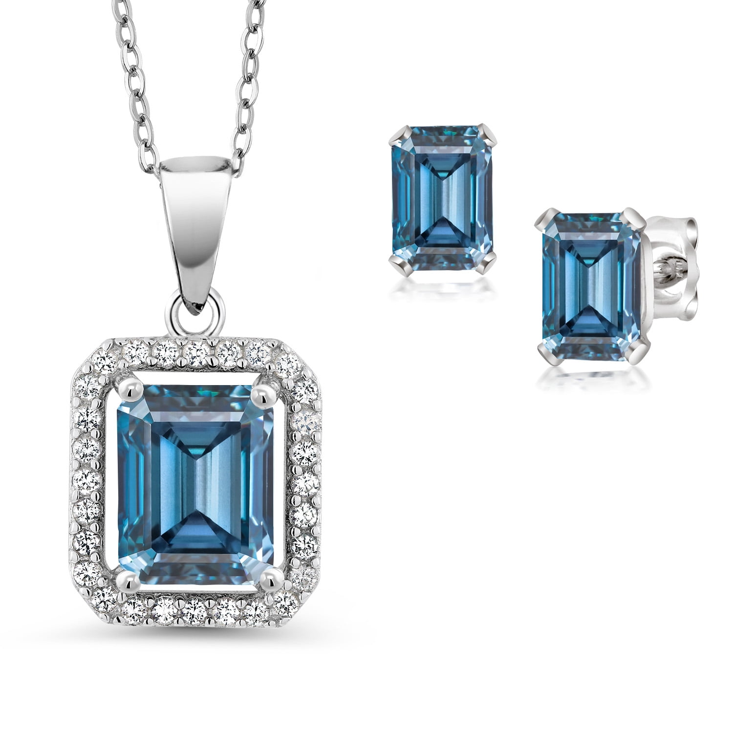 Gem Stone King 925 Sterling Silver Persian Blue Moissanite Pendant and Earrings Jewelry Set for Women (3.52 Cttw, Emerald Cut 9X7MM and 6X4MM, Gemstone Birthstone, with 18 inch Chain)