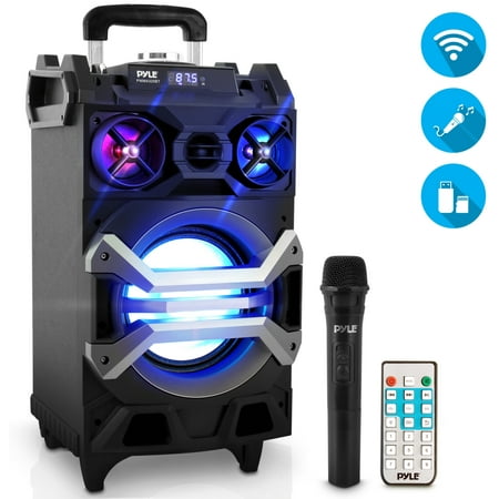 PYLE PWMA325BT - Portable Bluetooth Karaoke Speaker System, PA Loudspeaker with Flashing DJ Lights, Built-in Rechargeable Battery, Wireless Microphone, Mic Talk-Over & Recording Ability,