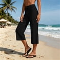 thumbnail image 2 of Women's Lightweight Yoga Capri Pants, Solid Color Elastic Waist Pants for Women, Soft Stretchy Mid Waisted Capris, Pockets Casual Athletic Workout Lounge Capris | UKHCCC,Black L, 2 of 7