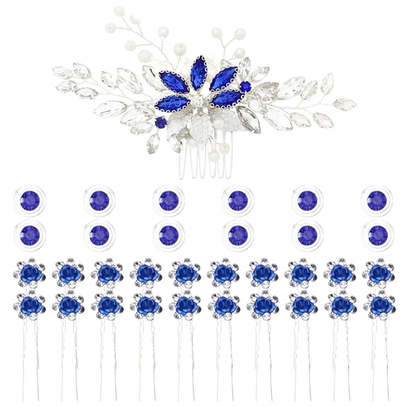 33 Pack Royal Blue Rhinestone Pearl Crystal Leaf Flower Bridal Hair Side Combs Spiral Gems Hair Clips U Shaped Hair Pins Wedding Headpieces Accessories for Women Girls Brides Bridesmaids
