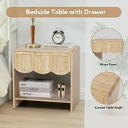 Wirrytor Natural Oak Mid-Century Curved Nightstand with Drawer, Modern Bedside Table with Opening Storage,End Side Table Living Room with Solid Wood Legs for Living Room
