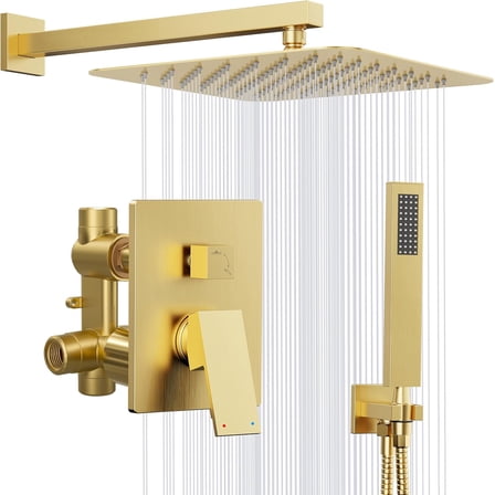 Gold Shower System, 10'' Square Rainfall Shower Head with Handheld Combo Spray, Bathroom Brushed Gold Shower Faucet Set with Valve, 59'' Shower Hose, Shower Trim Kit and Diverter, Wall Mounted