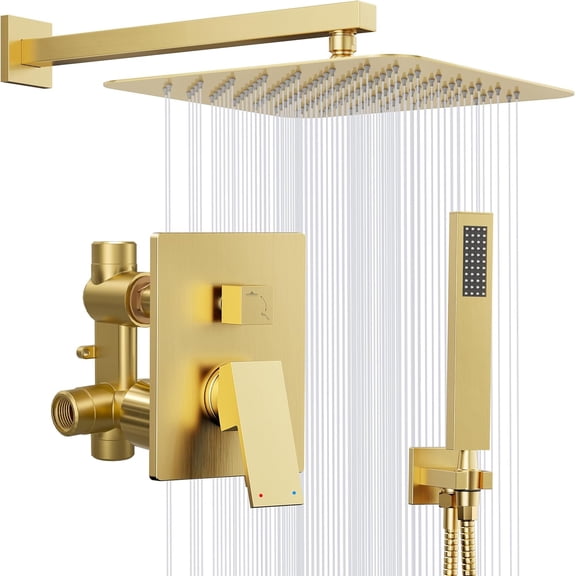 Gold Shower System, 10'' Square Rainfall Shower Head with Handheld Combo Spray, Bathroom Brushed Gold Shower Faucet Set with Valve, 59'' Shower Hose, Shower Trim Kit and Diverter, Wall Mounted
