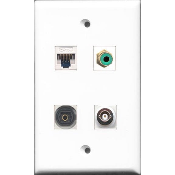 RiteAV 1 Port RCA Green and 1 Port Toslink and 1 Port BNC and 1 Port Cat5e Ethernet White Wall Plate
