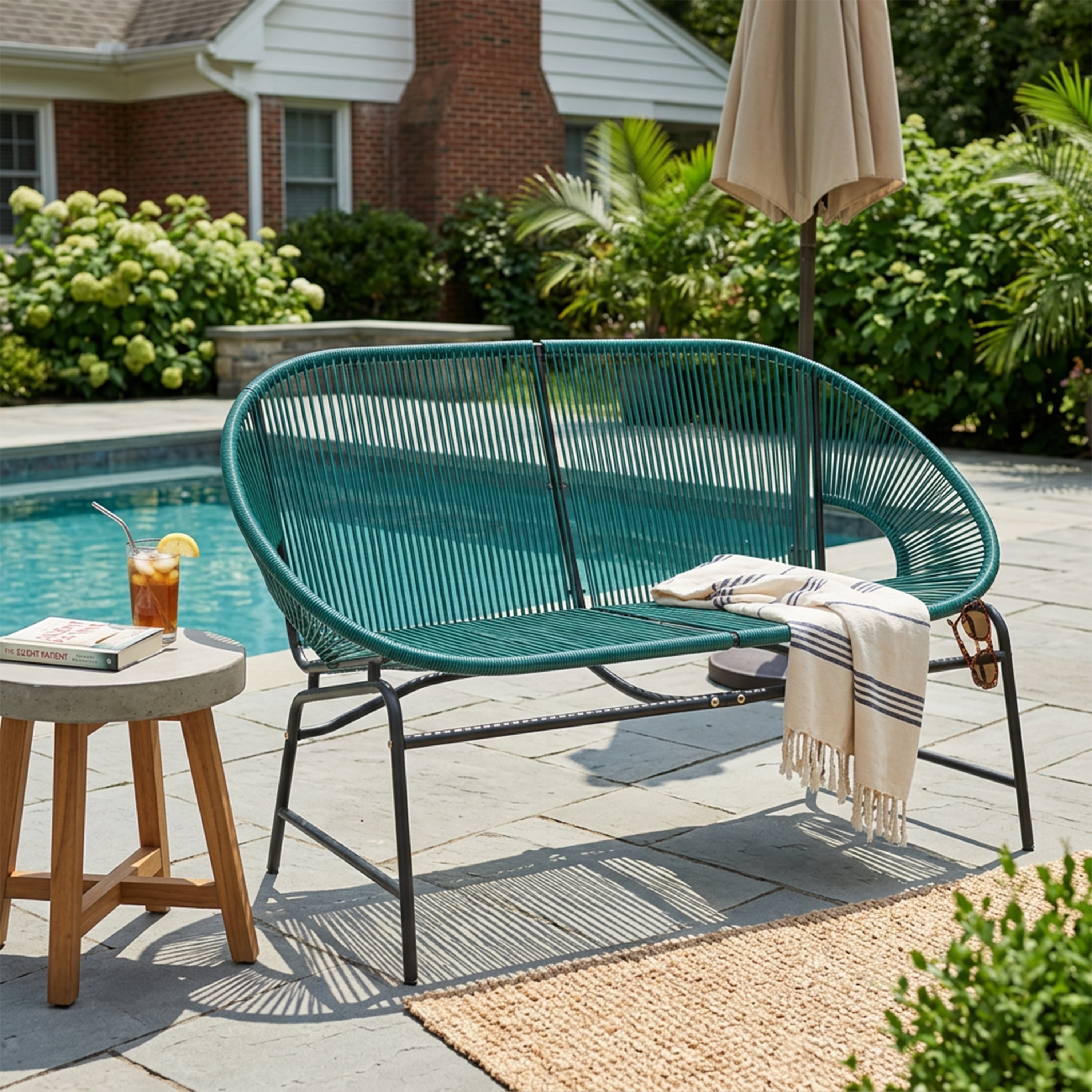 Outdoor PE Rattan Wicker Loveseat with Iron Frame for Porch Garden Balcony, Teal