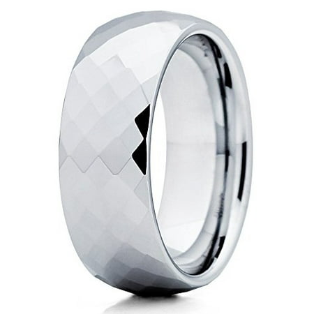 Faceted Wedding Band Mens Rings Polished Silver Tungsten Wedding Band Faceted Diamong Tungsten Ring 8mm Tungsten Carbide Band Comfort Fit Mens Womens ()