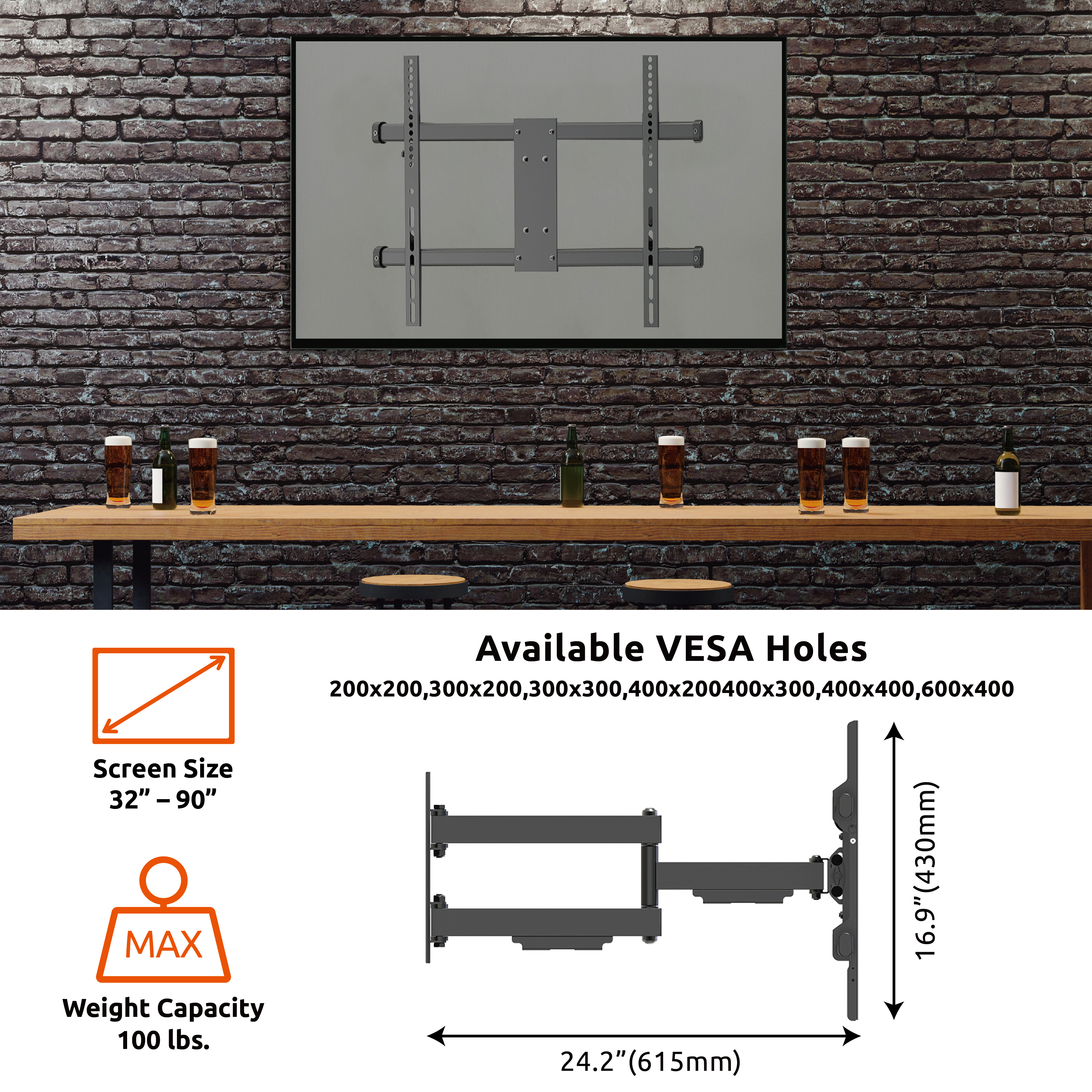 Link2Home Full Motion TV Wall Mount for 32–90 inch TVs, Up to 100 lbs.