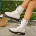thumbnail image 3 of Women's Leather Lace up Combat Boots Platform Comfortable Lug Sole Chunky Casual Fall Winter Warm Motorcycle Booties d-White Size 6.5, 3 of 6