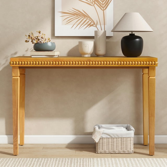 Table Console Style Ferme Longue Table d'Entrée avec Garniture Perlée Décorative Table Console en Bois Rustique pour Salon, Entrée, Couloir, Brun