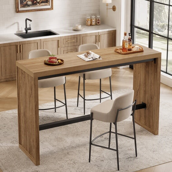 Fnova 55" Counter Height Pub Table with Metal Footrest, Rectangular Bar Table for Home Bar, Kitchen, Dining Room, Bistro, Brown