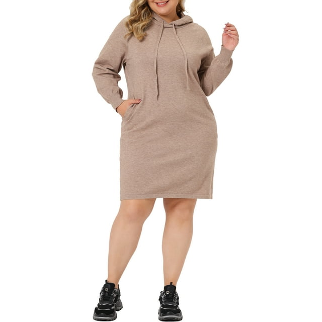 GRACE & GRANDEUR Women's Plus Size Rib Knit Pullover Sweater Long Sleeve Hooded Bodycon Dress Camel 4X