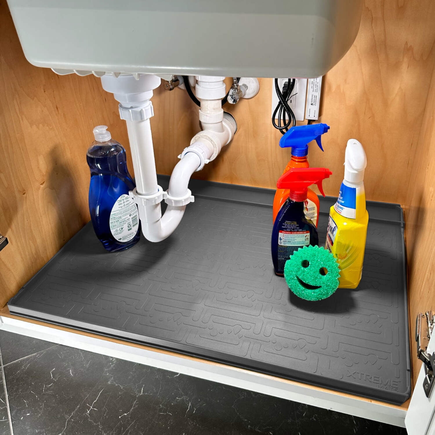 XTREME MATS Trimmable Rubber Under Sink Cabinet Mat – Ultimate Waterproof Protection for Kitchen or Bathroom Cabinets with Patented Overflow Channel 34" 1/4 x 22" 1/4