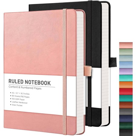 Lined Journal Notebook 2-Pack 192 Numbered Pages per Pack A5 Medium Size (5.7 x 8.3 ) for Men & Women Writing Work Leather Hardcover 100 GSM Thick Paper (Black & Pink)