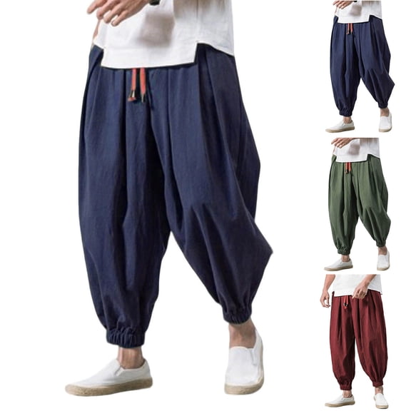 Men's Cotton Linen Harem Pants Drawstring Casual Cropped Trousers Lightweight Loose Beach Yoga Pants with Pockets Big and Tall Size M-5XL Red