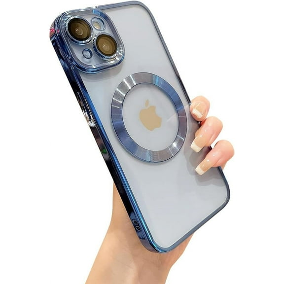 for iPhone 14 Plus Case Clear with Camera Lens Protector MagSafe Electroplated Silicone Dust-Proof Net Shockproof Protective Case Cover 6.7 Inch - Blue