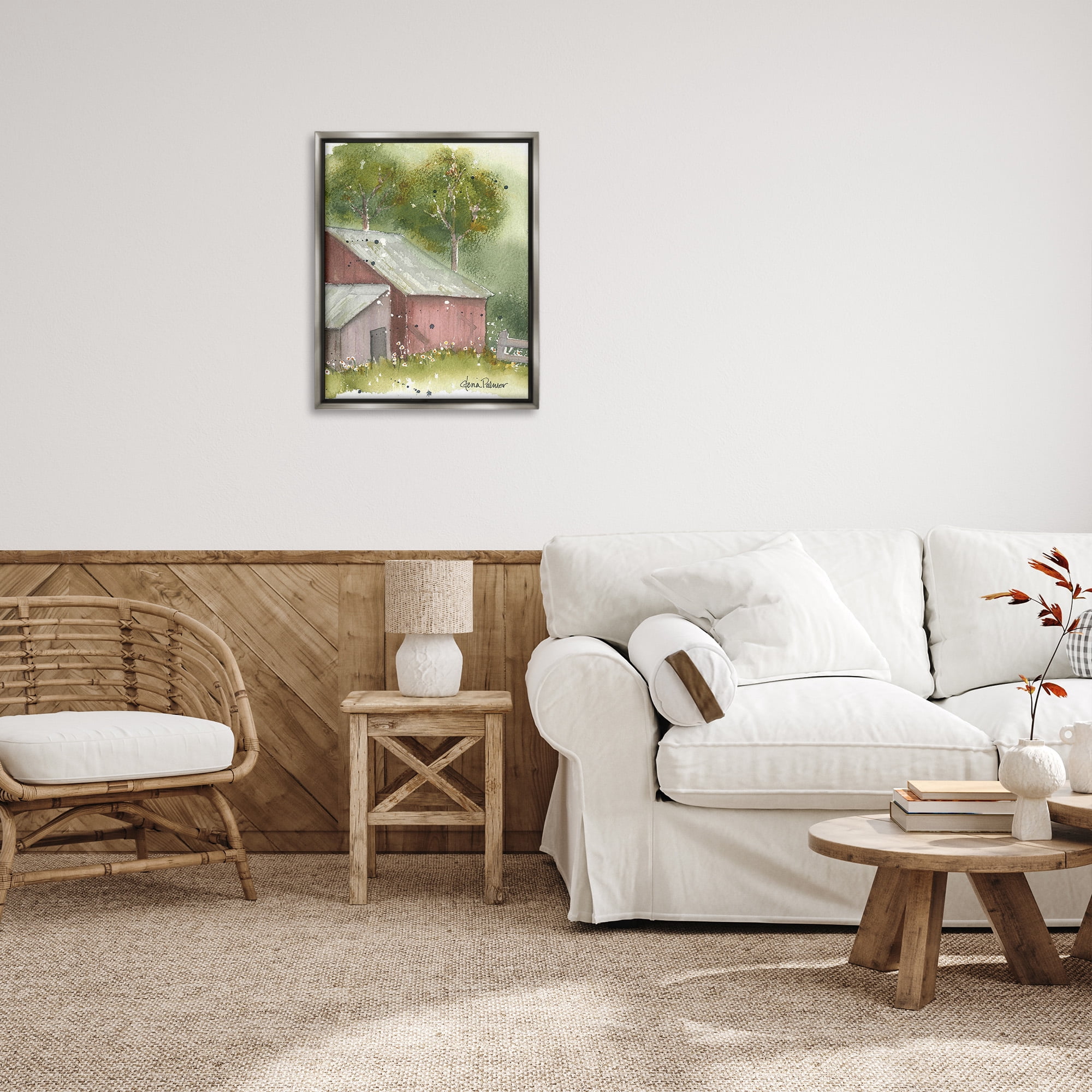 Stupell Industries Barn with Spring Florals Landscape Painting Gray Floater Framed Canvas Art Print Wall Art, 25 x 31