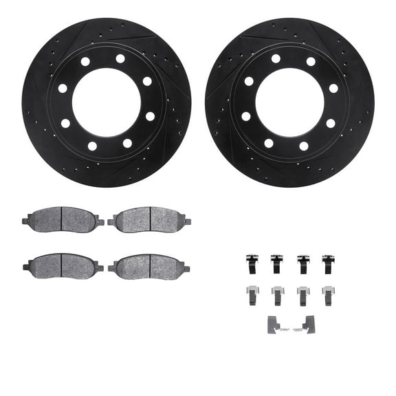 Dynamic Friction Company Rear Brake Rotors-Drilled and Slotted-Black with 5000 Advanced Brake Pads includes Hardware 8512-99583