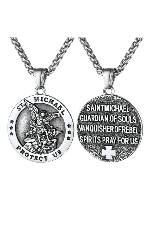 Stainless Steel The Archangel Saint Michael Medallion Pendant Necklace for Men Women Round Charm Necklace for Christian Prayer Father Day