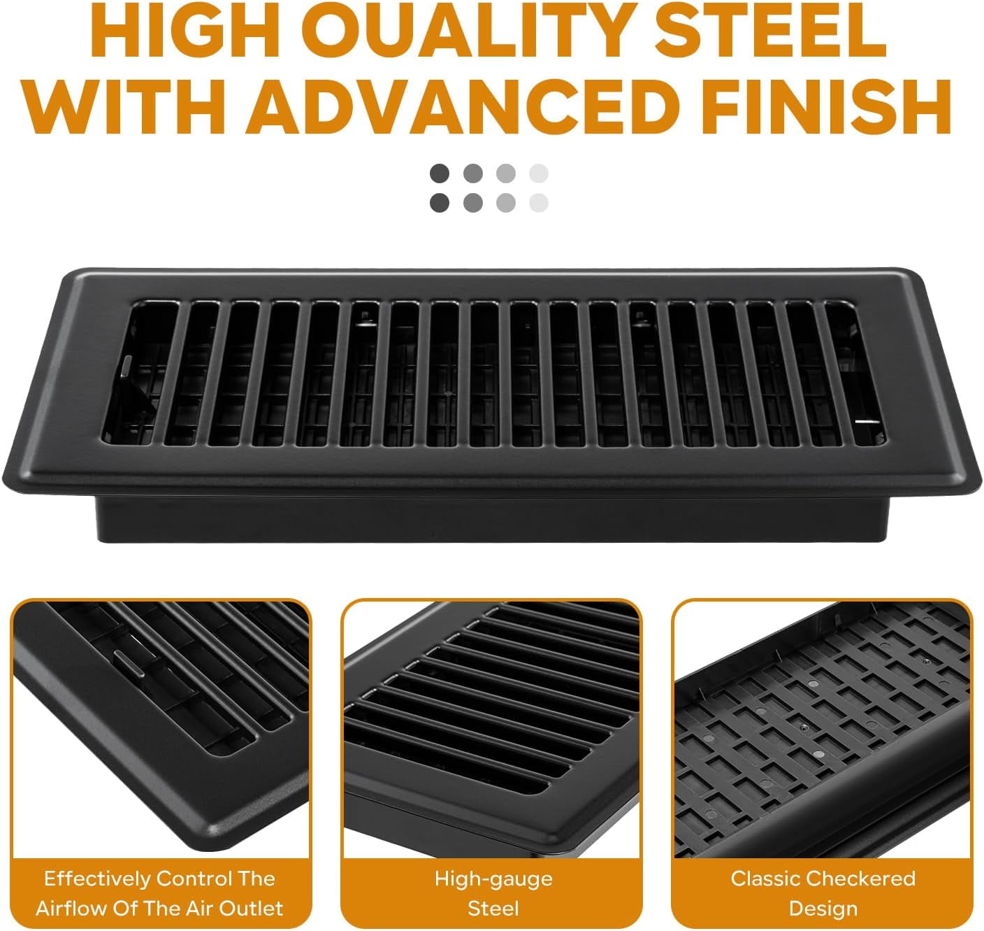 2 Pack Floor Register 4x10, Floor Vent Covers for Home Floor, Sidewall, Heavy Duty Steel Walkable Floor Grates, Adjustable Air Vent Covers Rust Proof Finish, 4" x 10'' Floor Vent, Black