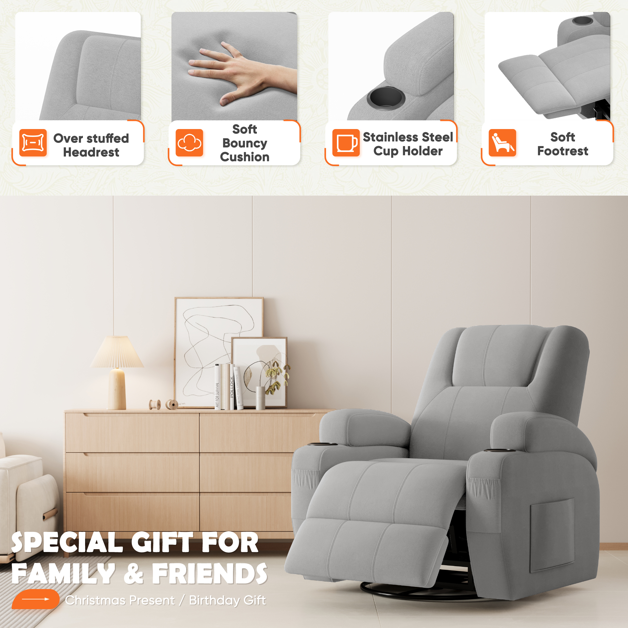 Furmax 360° Swivel Rocking Chair Power Massage Recliner With nursing Needs Oversized Furniture For Living Room,Gray