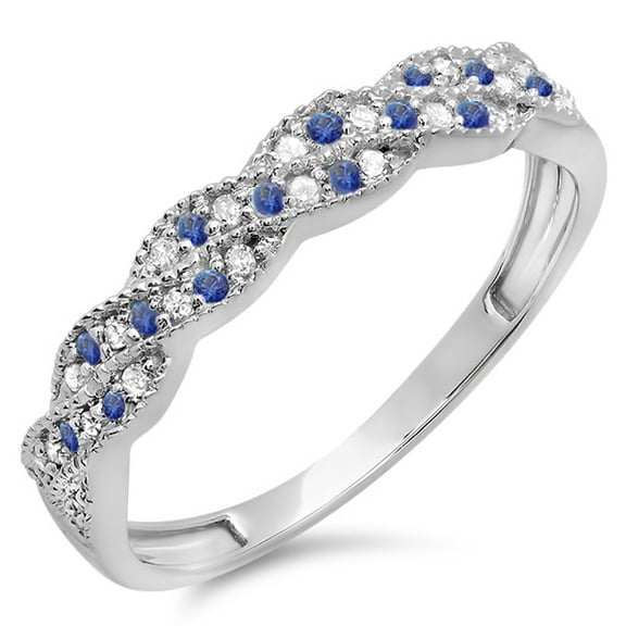 Dazzlingrock Collection 10K Round White Diamond & Blue Sapphire Ladies Anniversary Wedding Band Swirl Ring, White Gold, Size 8