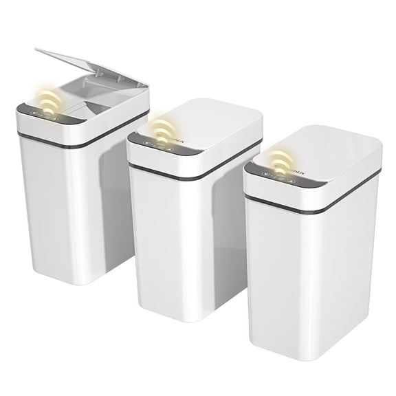 3 Pack Bathroom Trash Can 2.6 Gallon Small Touchless Automatic Motion Sensor Trash Cans Slim Waterproof Garbage Bin with Lid for Kitchen, Office, Bedroom White