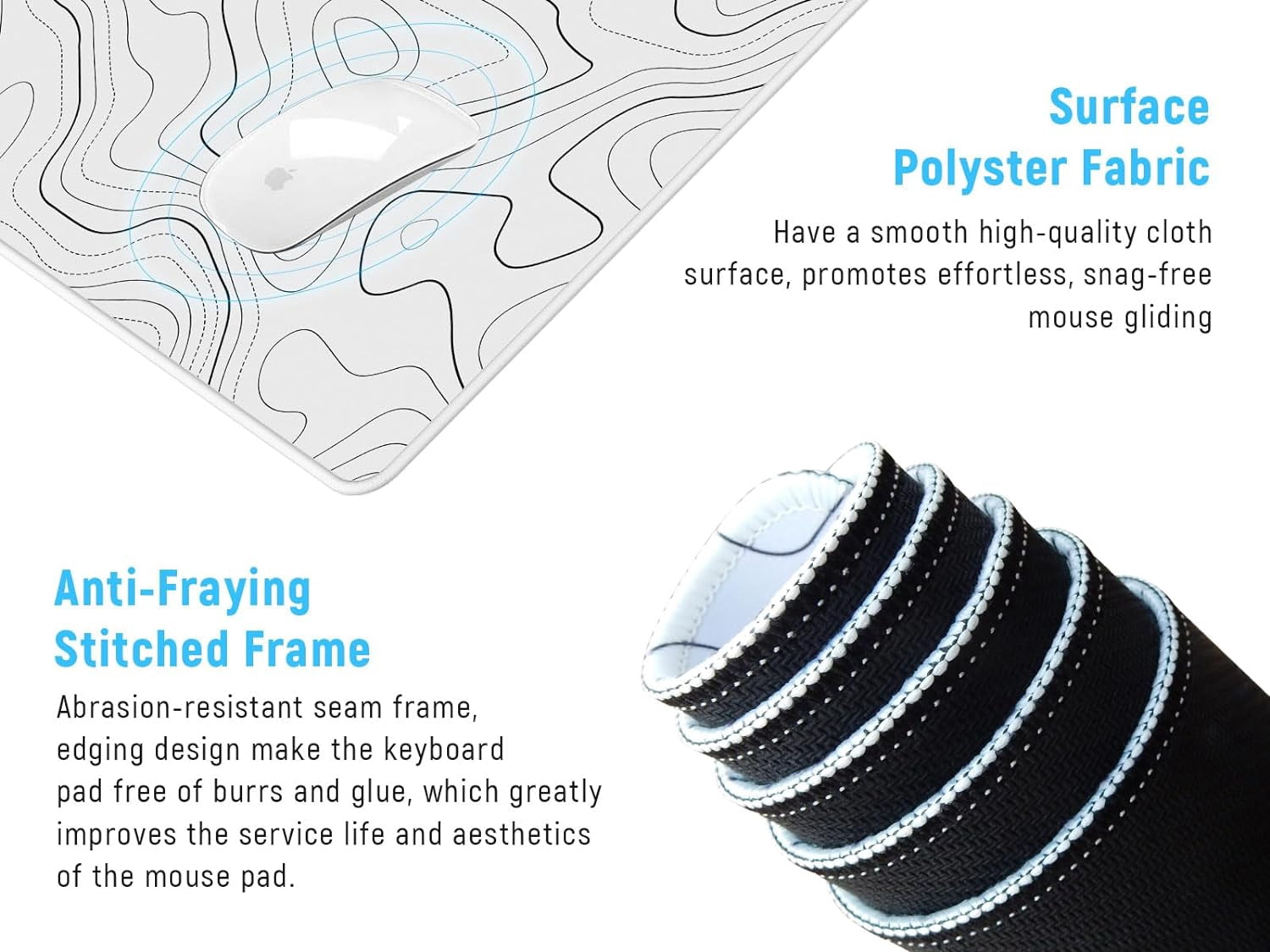 White Topographic Large Gaming Mouse Pad, XXL Mousepad, Big Mouse Mat Desk Pad for Keyboard and Mouse, Gaming Computer Laptop PC Desk Office Accessories