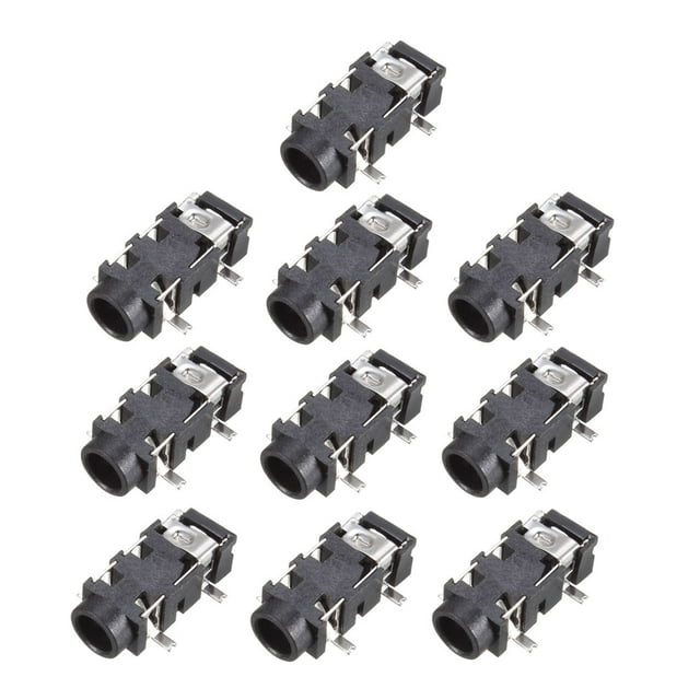 Unique Bargains 3.5 mm Audio Jack Connector PCB Mount Female Socket PJ-327A, 10 pieces arranged in a grid. Black plastic and silver-tone metal connectors with 5 pins for soldering applications. Suitable for speaker cables, media players, smartphones, and audio-video equipment.