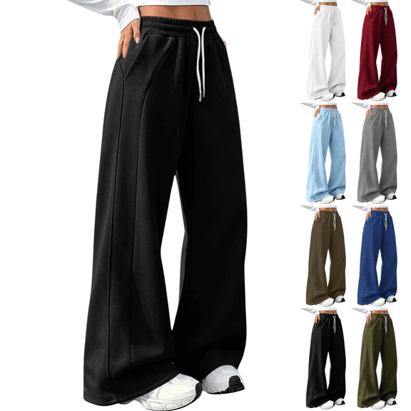 Sunnin Womens Wide Leg Sweatpants Contrast Drawstring Front Seams Side Pockets Relaxed Casual Lounge Trousers