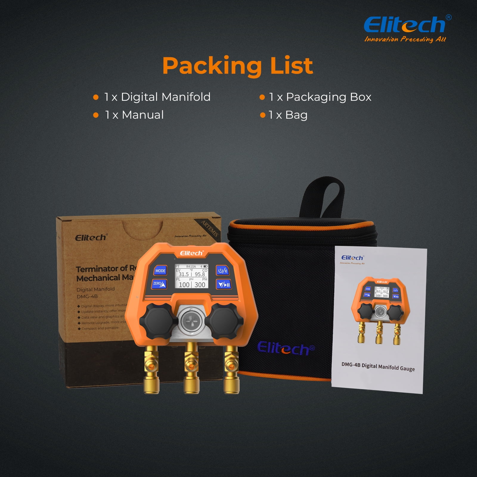 Elitech DMG-4B Digital Manifold Gauge, App Operated HVAC Gauges for Air Conditioning Systems and Heat Pumps, A/C Diagnostic Manifold Gauge