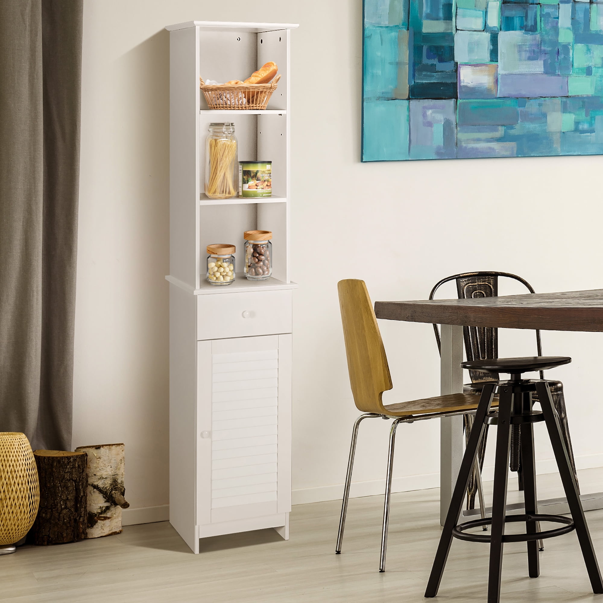 Costway Bathroom Tall Storage Cabinet Freestanding Linen Tower w/ Open Shelves & Drawer