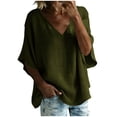 thumbnail image 2 of MORESEC Women's V Neck T-Shirt Cotton Linen Short Sleeve Flowy Casual Blouse Top Solid Basic Tee For Party Outfit And Daily Wear, Army Green S, 2 of 7