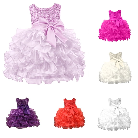 RTKFRFLM Baby Girls Floral Princess Gown with Beaded Bow Elegant Flower Girl Wedding Dress Toddler Puffy Tulle Celebration Gown for 1st Birthday and Party Soft Outfits for 0-2 Years