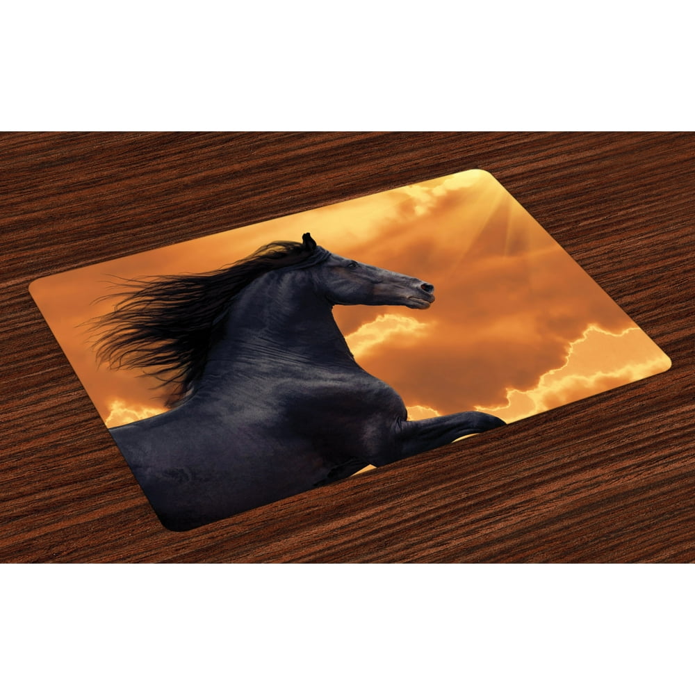 Horses Placemats Set of 4 Portrait of Galloping Friesian Horse with Hot
