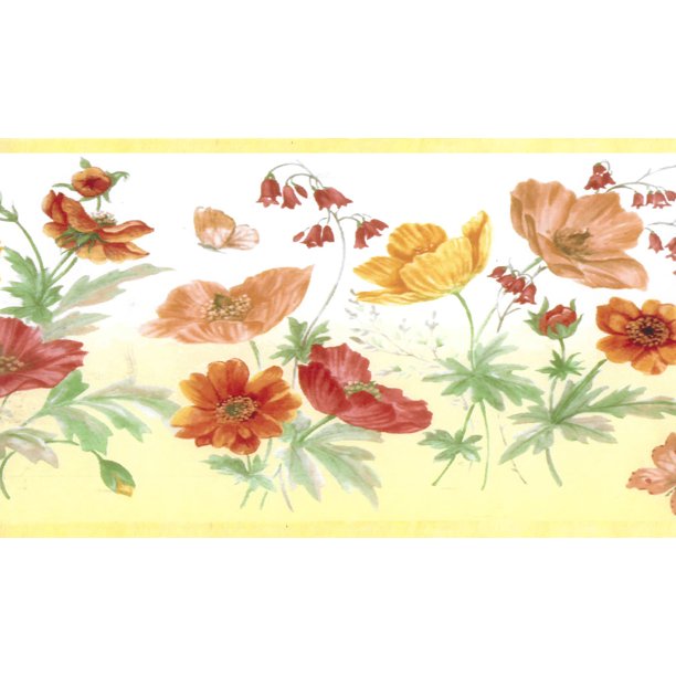 Prepasted Wallpaper Border - Floral Yellow, Green, Red ...