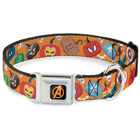 Marvel Comics Pet Collar, Dog Collar Metal Seatbelt Buckle, Marvel Avengers Halloween Jack O Lantern Pumpkin Icons Orange, 9.5 to 13 Inches 1.0 Inch Wide