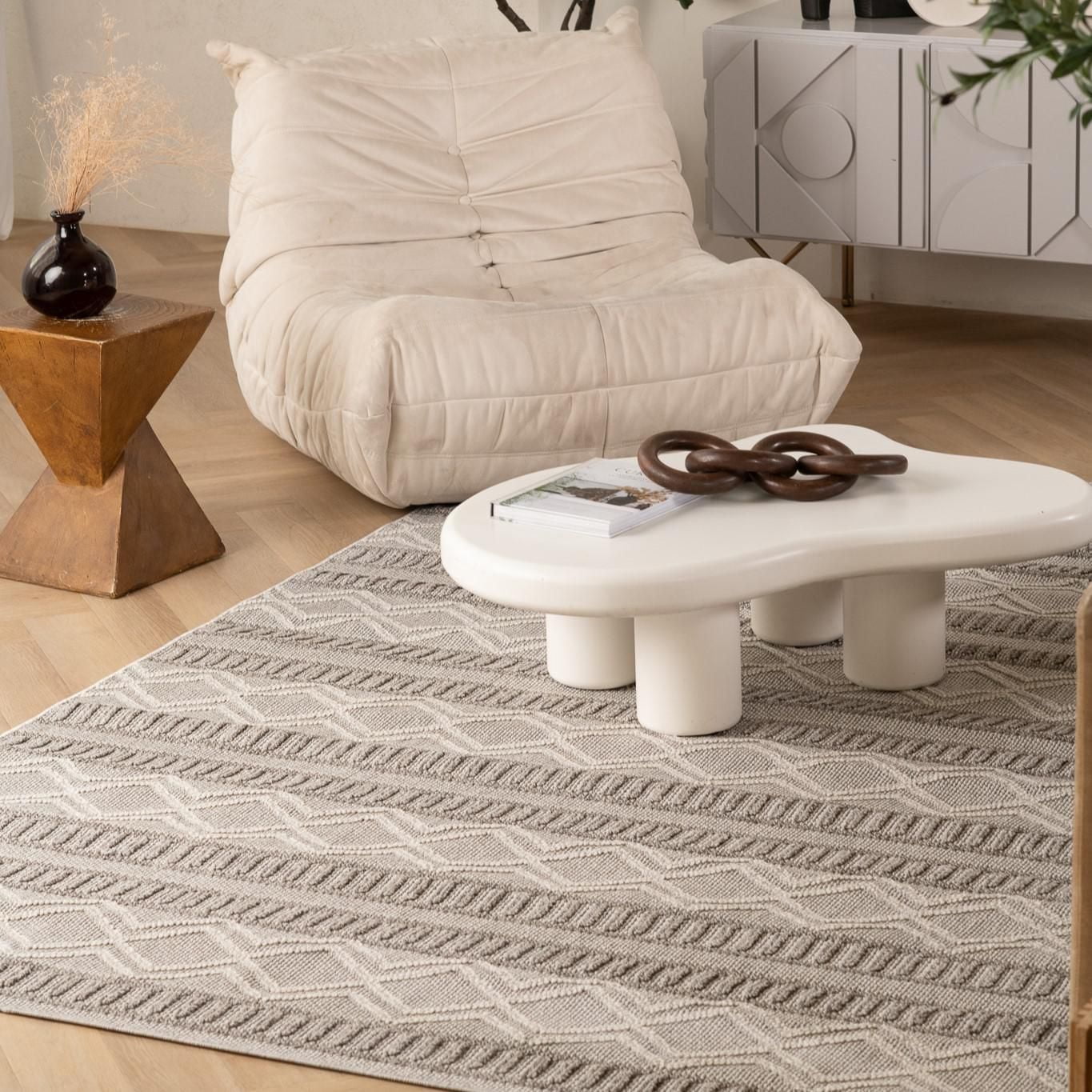 Tapis d'interieur exterieur abstrait Rug Branch Hogar, gris beige, moderne - Salon, chambre, salle a manger et cuisine