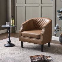 Camel Faux Leather Barrel Accent Chair with Nailhead Trim, Modern Upholstered Club Chair