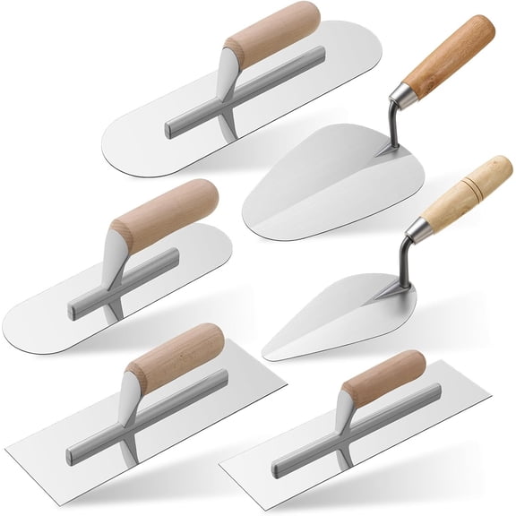 6 Pieces Drywall Trowel Concrete Tools Set with Wooden Handle Finishing Masonry Trowel, 6 Size and Multiple Shapes Lightweight Cement Tools for Wallboard Plasterboard