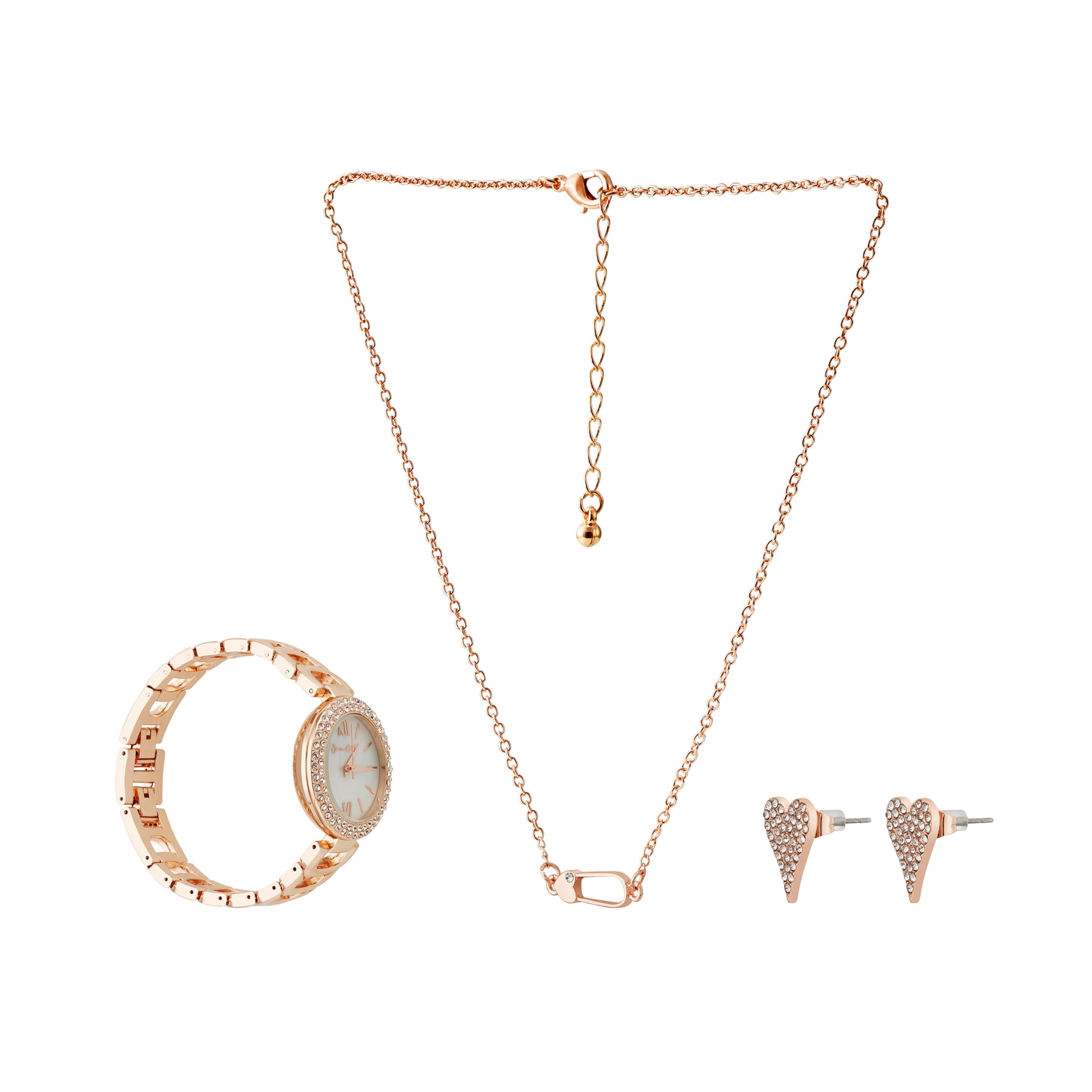 Jessica Carlyle Holiday 2022 Ladies Metal Strap Analog Watch w/ Necklace & Earring Set, Rose Gold