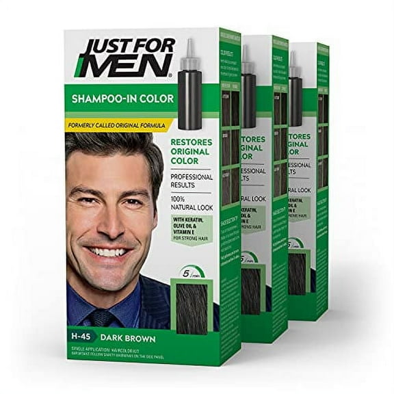 Just For Men Shampoo-In Color (Formerly Original Formula), Gray Hair Coloring for Men - Dark Brown, H-45, Pack of 3 (Packaging May Vary)