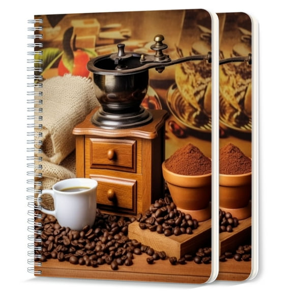 Spiral Notebook,College Ruled Journal,8.26" x 5.71" 50 Sheets/100 Pages,2 Pack - Old-Fashioned Coffee Grinder With Scattered Beans