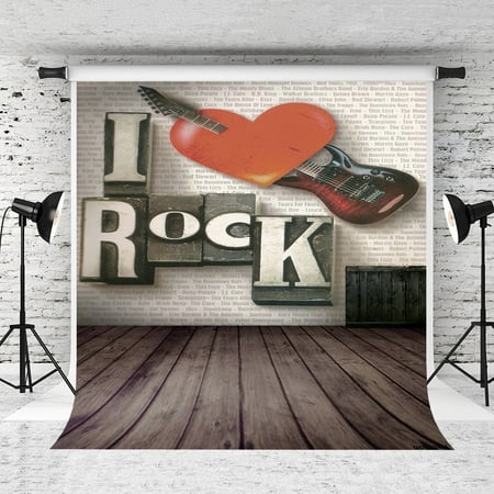 GreenDecor Polyster 5x7ft Rock Music Photography Backdrop Red Hearts Retro Dark Wood Floor Background for Photographer Photo Studio